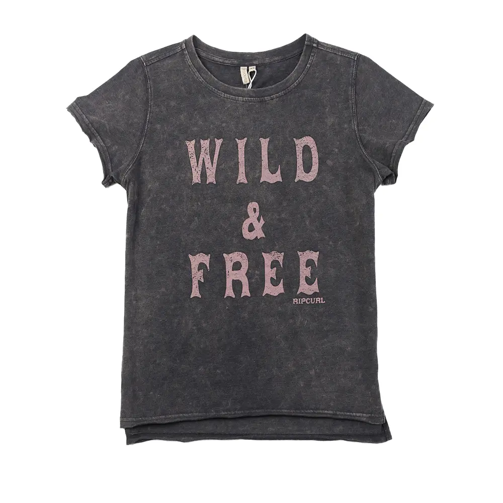 Acid wash garment dye women’s flock print short sleeve T-shirt